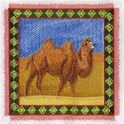 Vibrant camel design in rich brown tones against a bright blue sky and golden desert, framed by a decorative border.