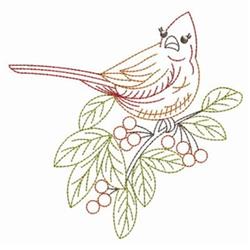 Line art cardinal perched on a branch, surrounded by green leaves and red berries, showcasing earthy tones.
