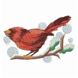 Redwork cardinal perched on a branch with delicate green leaves, against snowflakes, embodying winter charm.
