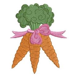 Colorful applique carrots with broccoli tied by a pink ribbon, perfect for cheerful spring embroidery.