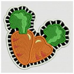 Applique playful design featuring bright orange carrots with green tops and a black and white striped border.
