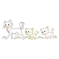 Whimsical cat with two playful kittens on soft grass, outlined in pastel colors for a cheerful feel.