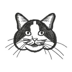 Stylized cat face in line art features black and white coloring, expressive eyes, and prominent whiskers.