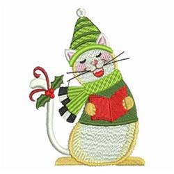 Whimsical cat in a green hat and scarf, holding a red book with holly, perfect for holiday cheer.