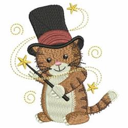 Playful cat in a black top hat holds a magic wand, surrounded by gold stars in a whimsical quilting design.