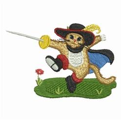 Playful cat knight with a flamboyant hat and sword stands on grass beside a vibrant flower in this whimsical design.