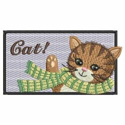 Playful design of a brown tabby cat with a green striped scarf on a light purple background.