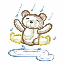 Playful bear in yellow boots joyfully jumping in a puddle with raindrops, celebrating springtime.