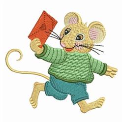 Cartoonish mouse in a green sweater and blue pants holding an orange envelope, showcasing a cheerful expression.