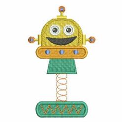 Cartoon robot with a round yellow head and a broad smile, featuring green and blue accents, playful and cheerful.