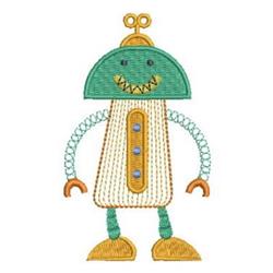Cheerful robot with a green dome head, white body, blue buttons, and orange feet in a playful cartoon style.