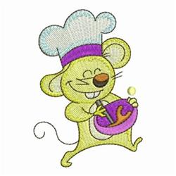Applique cartoon mouse chef joyfully mixing in a purple bowl, featuring a playful yellow hue and expressive face.