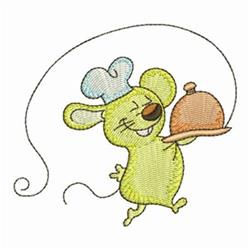 Cheerful cartoon mouse in a light blue chef's hat, holding a serving tray, in whimsical style for kids.