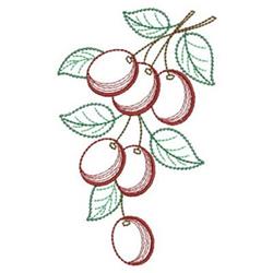 Illustrative branch of cherries with round red fruits, subtle shading, and lush green leaves, ideal for decorative embroidery