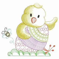 Applique yellow chick with purple and green patterns waving playfully beside a whimsical bee, perfect for spring.