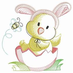 Applique yellow chick with pink bunny ears emerging from a cracked eggshell, surrounded by green grass and a hovering bee for