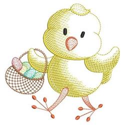Playful yellow chick with a rounded body holds a basket of pastel eggs, perfect for Easter-themed projects.