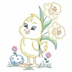 Playful yellow chick stands with a vibrant flower bouquet and a blue Easter egg, evoking a cheerful spring scene.