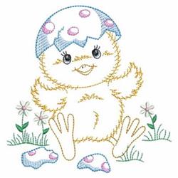 Cute chick emerging from a blue polka-dotted eggshell, surrounded by pink flowers—perfect for Easter.