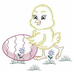 Whimsical yellow chick holding a pink decorated egg, surrounded by blue flowers, perfect for Easter.