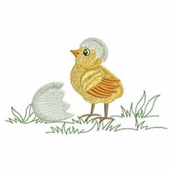 Cute yellow chick with a fluffy body next to a cracked eggshell, surrounded by green grass, perfect for Easter.