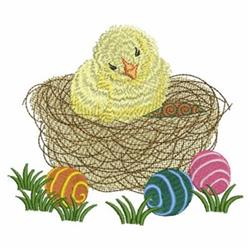 Chick nestled in a brown nest with vibrant Easter eggs and grass, perfect for cheerful spring decor.