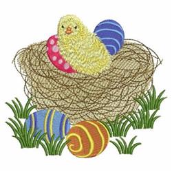 Cheerful chick in a nest with vibrant Easter eggs, featuring intricate stitching and a playful, colorful style.