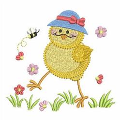 Whimsical yellow chick in a blue hat with a pink bow among vibrant spring flowers, playfully poised.