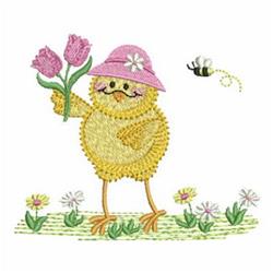 Whimsical yellow chick in a pink hat holding tulips, surrounded by vibrant spring flowers and a buzzing bee.