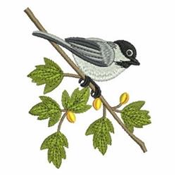 Chickadee perched on a branch with yellow buds and green leaves, showcasing realistic details in this nature-inspired embroid