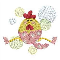 FSL yellow chicken peeking from a pink eggshell, surrounded by colorful bubbles in a playful Easter scene.