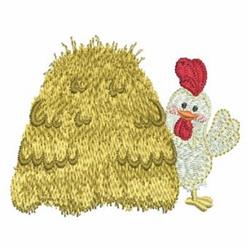 Playful chicken with a red comb and yellow accents beside a vibrant haystack, perfect for cheerful farmhouse themes.
