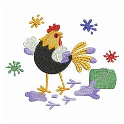 Playful chicken with a black body, golden beak, and red comb, surrounded by colorful paint splashes.