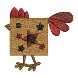 Applique chicken with a square body, vibrant red comb, and whimsical black star accents.