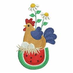 Whimsical chicken nestled in a vibrant watermelon slice, topped with white daisies, perfect for spring decor.