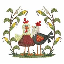 Whimsical chickens in spring with colorful feathers and green foliage, perfect for playful decor.