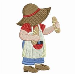 Child in blue overalls and red shirt holds bread rolls, wearing a playful straw hat with red band.