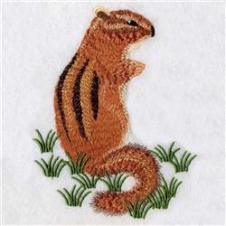 A realistic chipmunk stands among vibrant green grass, showcasing earthy tones and distinct fur texture.