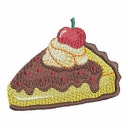 Applique slice of chocolate cake with glossy frosting, topped with a bright cherry and cream swirls, playful design.