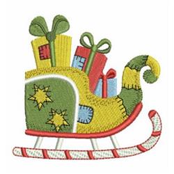 Whimsical green Christmas sleigh adorned with colorful presents and candy cane striped runners.