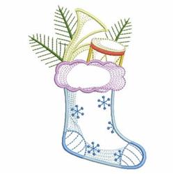 Playful Christmas stocking features snowflakes, a vibrant drum, and pine branches, topped with a fluffy purple cloud.
