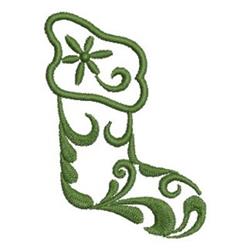 Whimsical green Christmas stocking with floral design and swirls, perfect for festive embroidery projects.