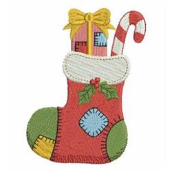 Colorful Christmas stocking with a yellow bow, candy cane, and gift box, perfect for festive decor.