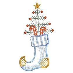 Colorful Christmas stocking featuring a decorative tree, candy canes, and a star, creating a festive holiday scene.