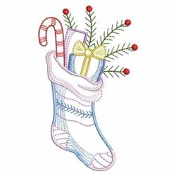 Applique Christmas stocking with red, blue accents, candy cane, gifts, and pine branches, perfect for holiday décor.