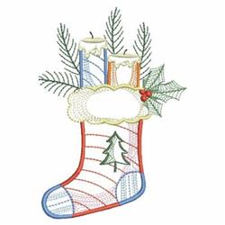 Colorful Christmas stocking adorned with white candles, holly leaves, and pine branches, perfect for festive decor.