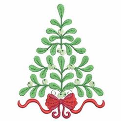 Decorative Christmas tree with vibrant green leaves, mistletoe berries, and a red ribbon bow, perfect for holiday embroidery.