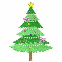 Playful Christmas tree adorned with pink bows and colorful ornaments, topped with a bright star.