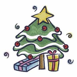 Whimsical Christmas tree with red ornaments, a yellow star, and colorful gift boxes, perfect for festive embroidery.