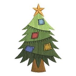 Applique Christmas tree with colorful patches, topped by a bright yellow star, festive holiday design.
